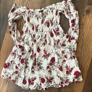 torrid White Floral Off-Shoulder Smocked Tunic with Red Flowers